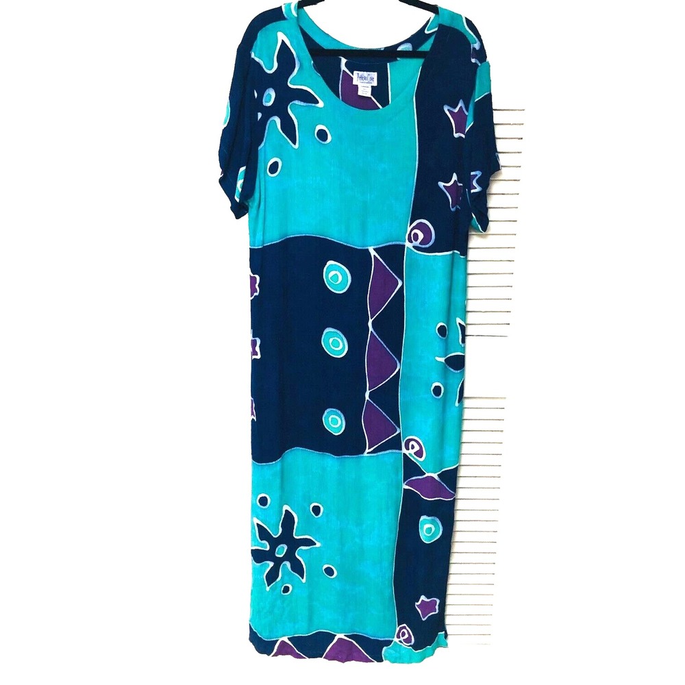 Vintage Pelican Cove Womens Maxi Dress Y2K Abstract‎ Crinkle Coastal Beachy L